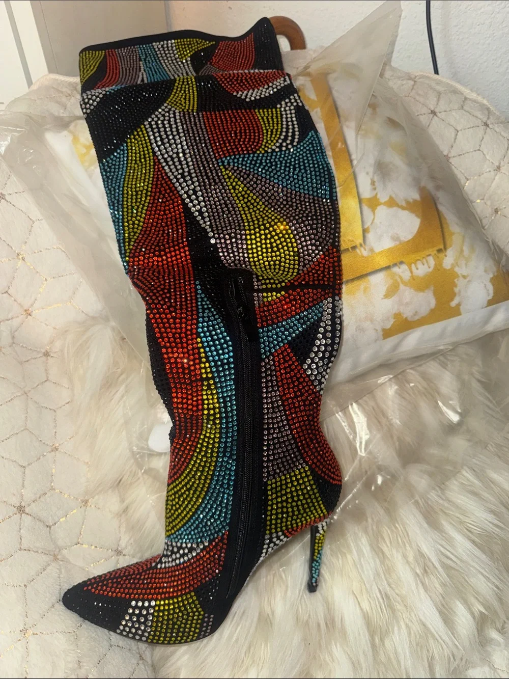 Multicolor Crystal-Embellished Over-the-Knee Stiletto Boot